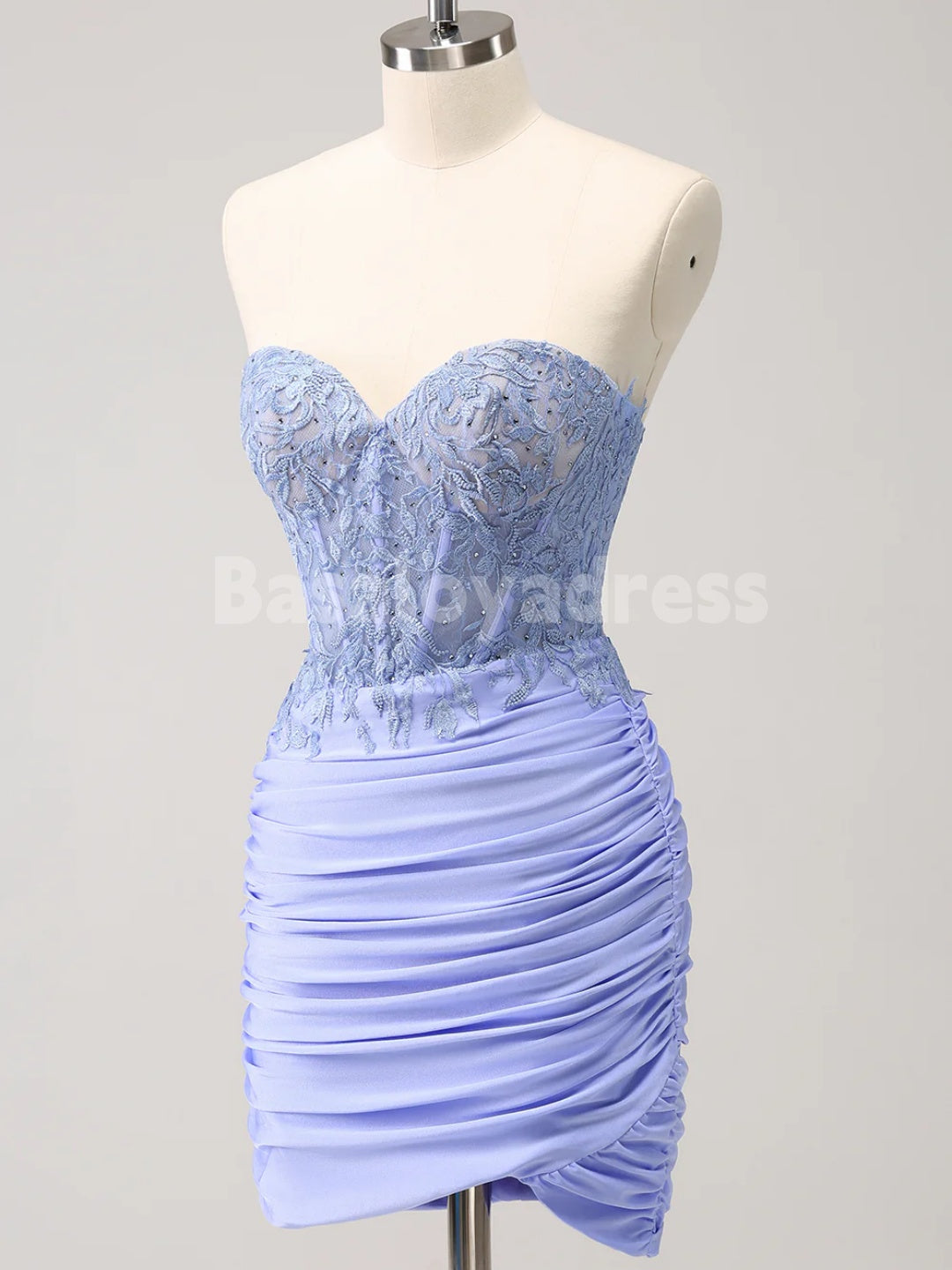BSD00057 Glitter Lilac Tight Sweetheart Strapless Corset Pleated Tight Short Homecoming Dress with Lace Appliques and Beading