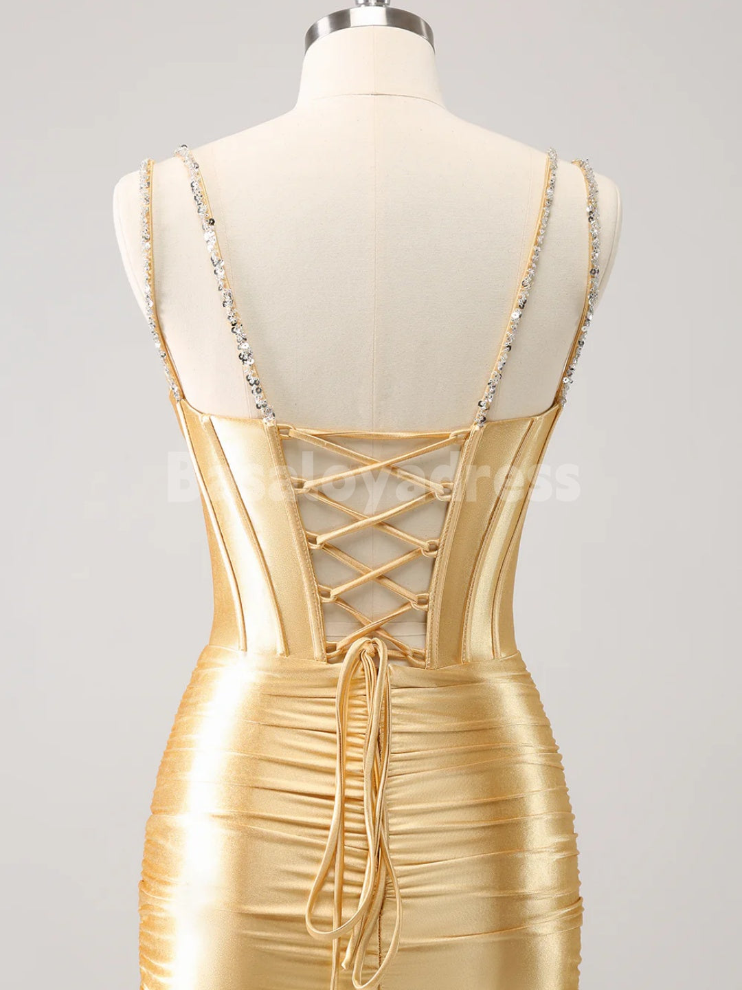 BSD00055 Golden Deep V-Neck Corset Bodycon Mini Dress with Spaghetti Straps with Sequins