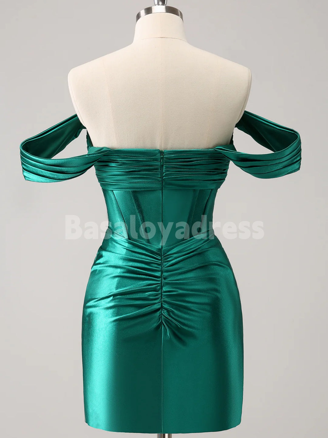 BSD00058 Dark Green Tight Off the Shoulder Cutout Corset Satin Mini Dress Short Homecoming Dress