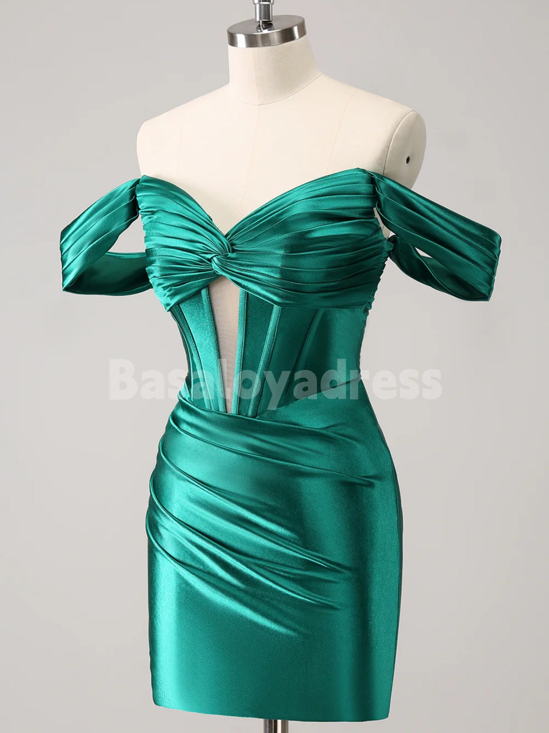 BSD00058 Dark Green Tight Off the Shoulder Cutout Corset Satin Mini Dress Short Homecoming Dress