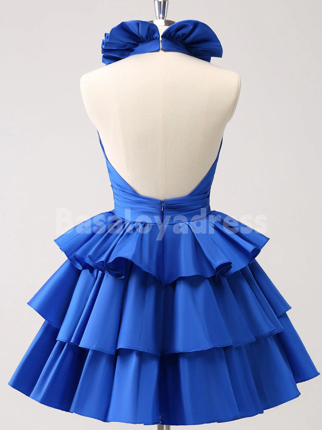 BSD00034 Royal Blue A-Line Halter V-Neck Tiered Ruffled Short Homecoming Dress