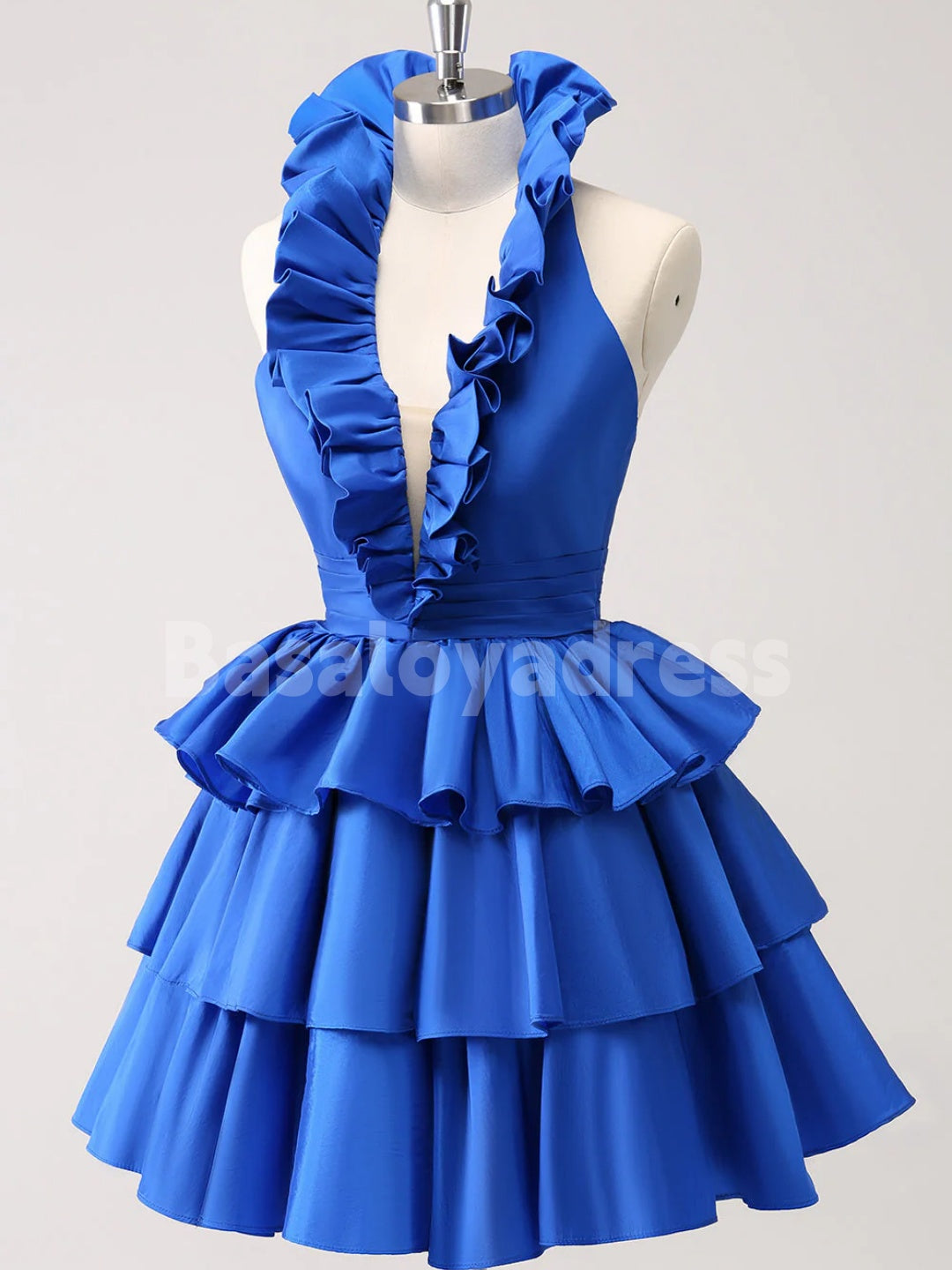 BSD00034 Royal Blue A-Line Halter V-Neck Tiered Ruffled Short Homecoming Dress