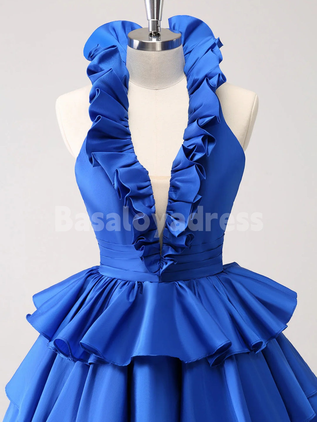 BSD00034 Royal Blue A-Line Halter V-Neck Tiered Ruffled Short Homecoming Dress