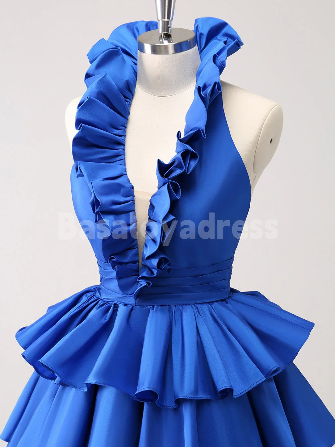 BSD00034 Royal Blue A-Line Halter V-Neck Tiered Ruffled Short Homecoming Dress
