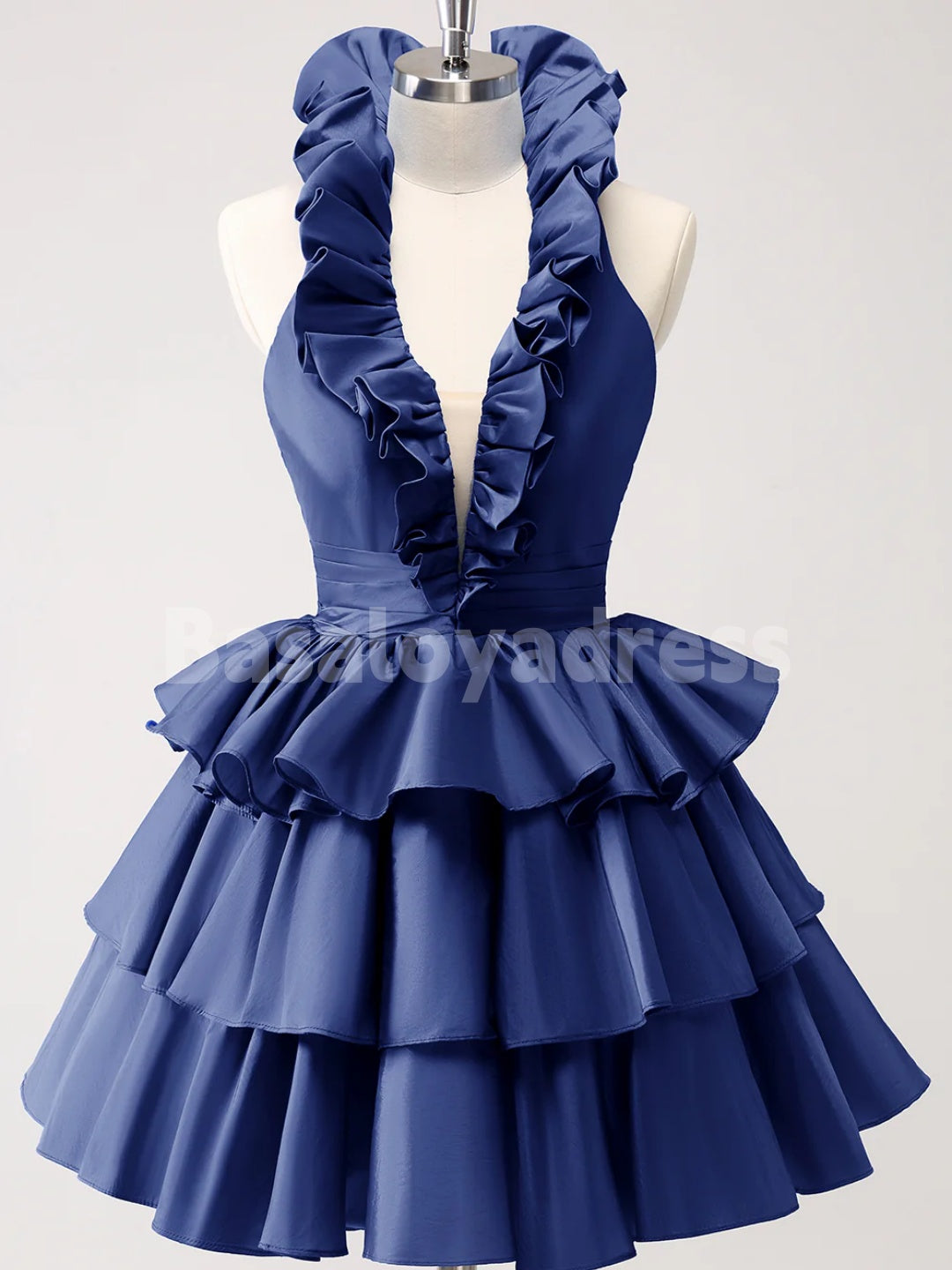 BSD00034 Royal Blue A-Line Halter V-Neck Tiered Ruffled Short Homecoming Dress