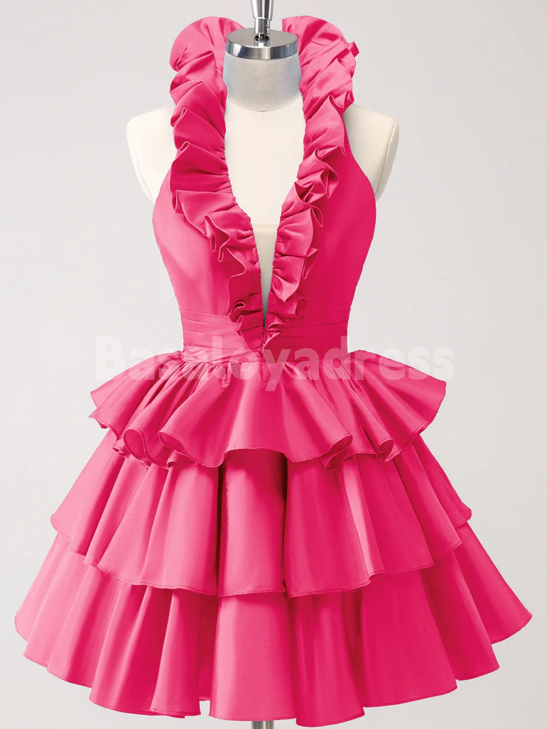 BSD00034 Royal Blue A-Line Halter V-Neck Tiered Ruffled Short Homecoming Dress