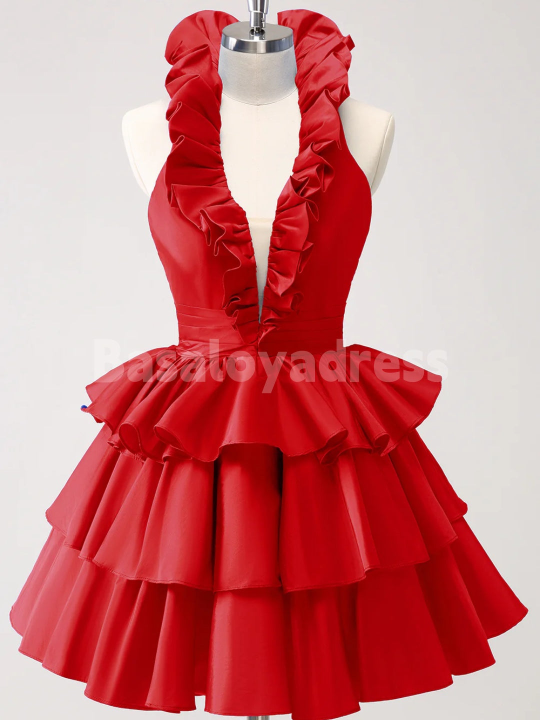 BSD00034 Royal Blue A-Line Halter V-Neck Tiered Ruffled Short Homecoming Dress