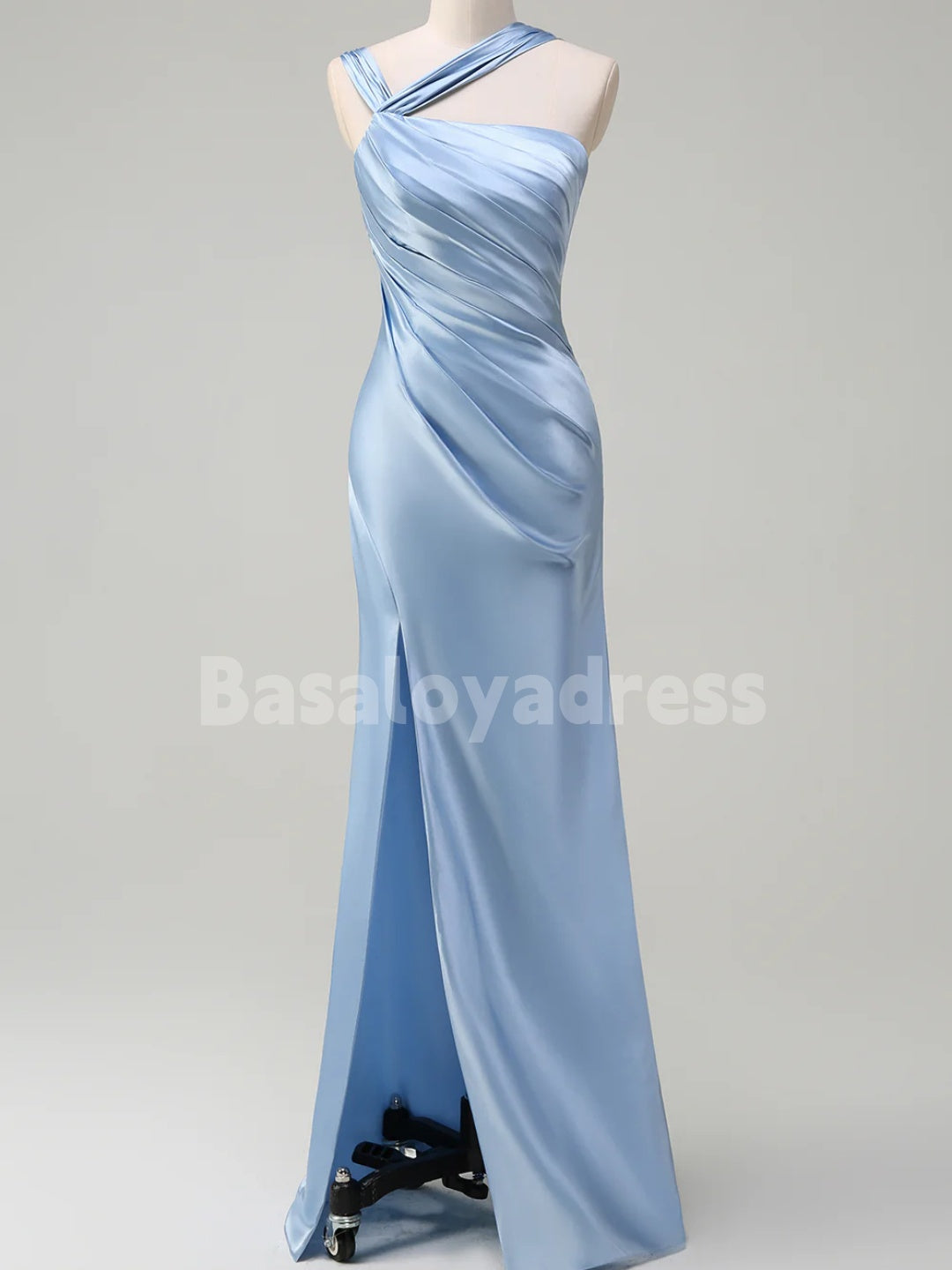 BDES00108 Elegant Sky Blue Ruched Satin Maxi Prom Dress Bridesmaid Dress with Slit