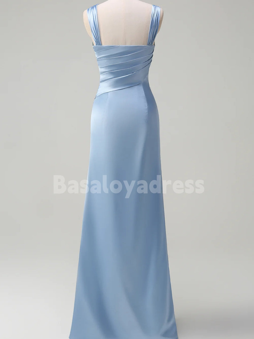 BDES00108 Elegant Sky Blue Ruched Satin Maxi Prom Dress Bridesmaid Dress with Slit