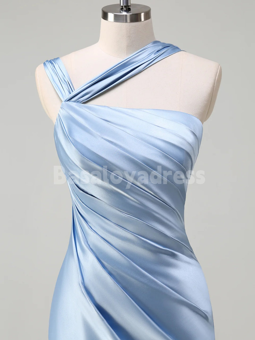 BDES00108 Elegant Sky Blue Ruched Satin Maxi Prom Dress Bridesmaid Dress with Slit