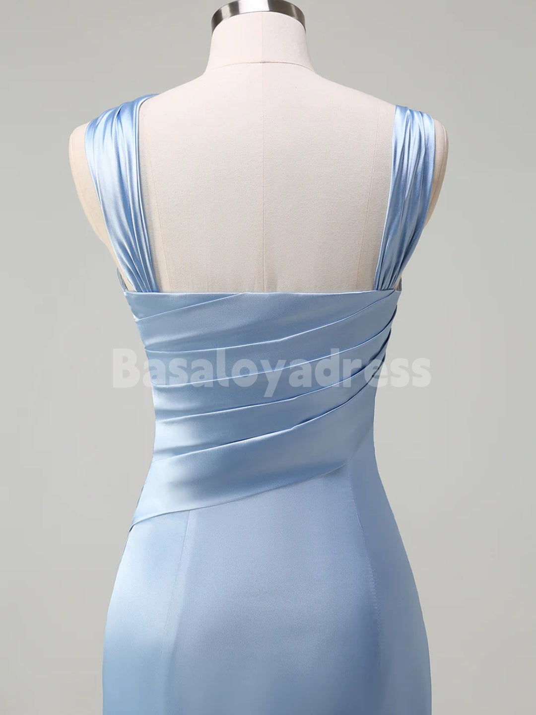 BDES00108 Elegant Sky Blue Ruched Satin Maxi Prom Dress Bridesmaid Dress with Slit