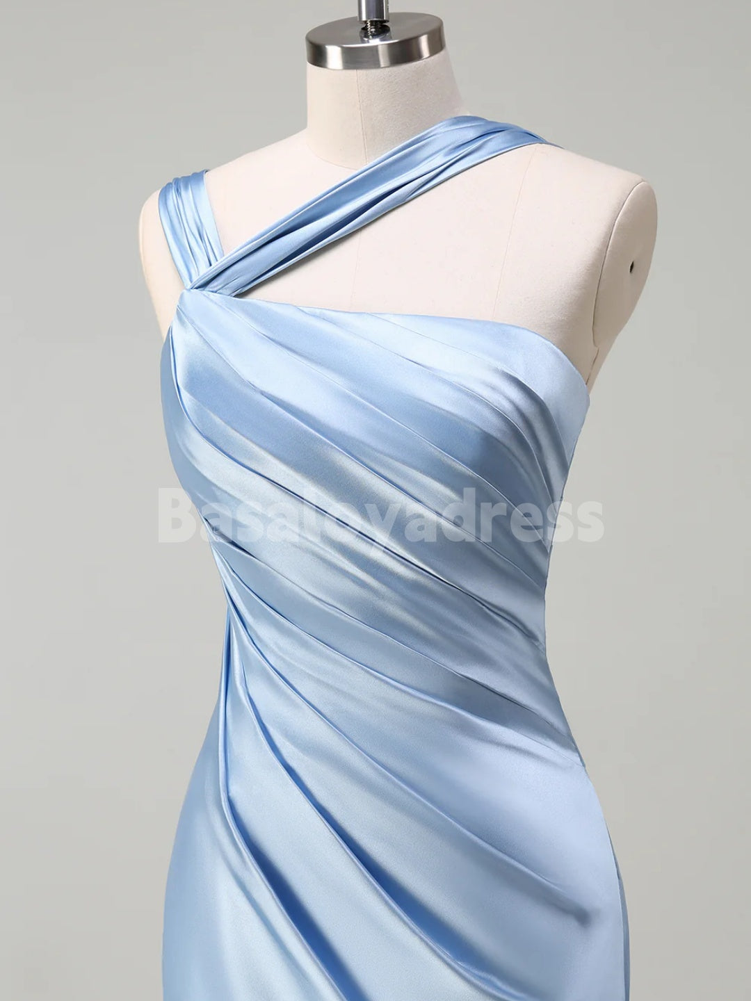 BDES00108 Elegant Sky Blue Ruched Satin Maxi Prom Dress Bridesmaid Dress with Slit