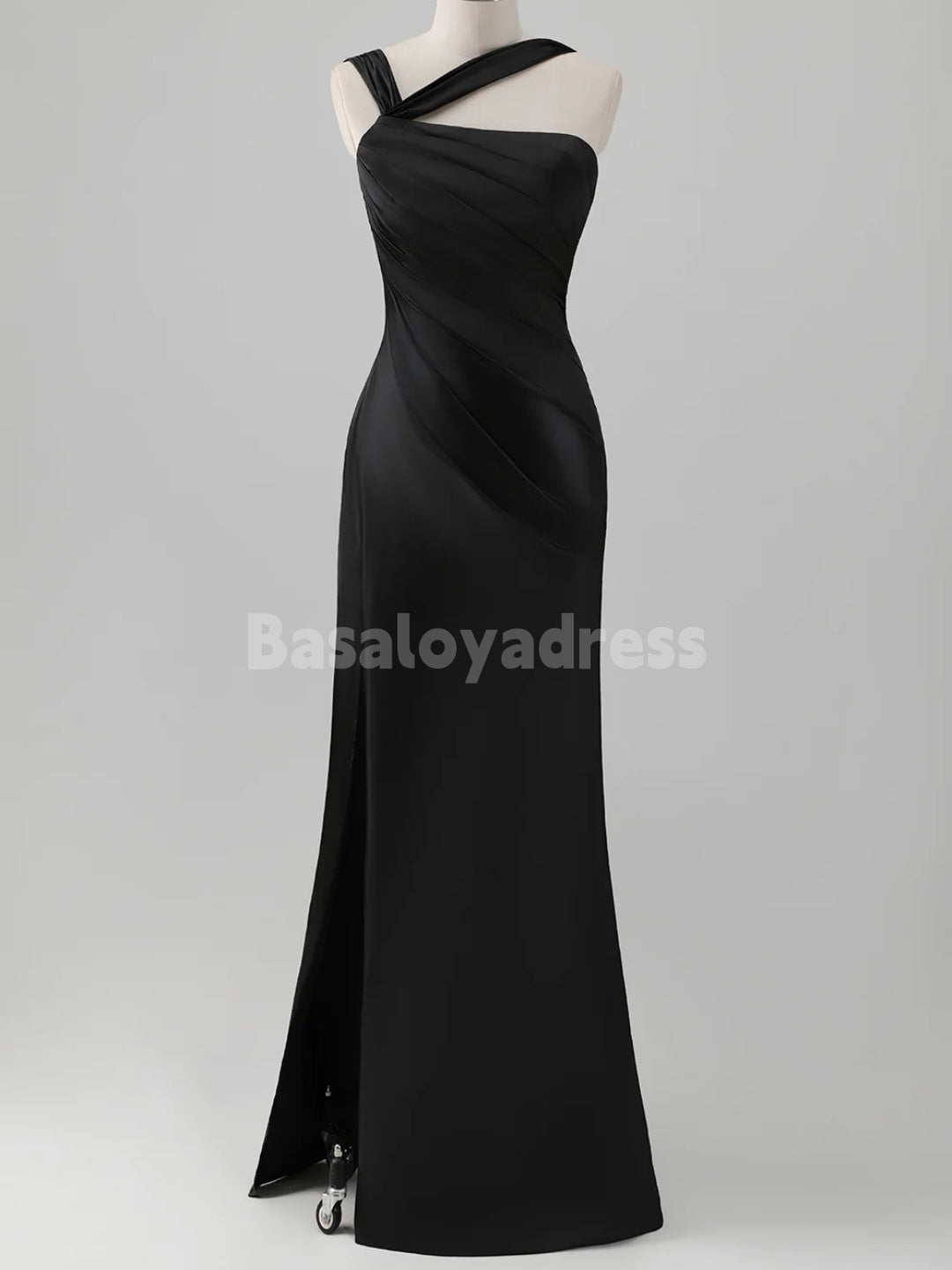 BDES00108 Elegant Sky Blue Ruched Satin Maxi Prom Dress Bridesmaid Dress with Slit