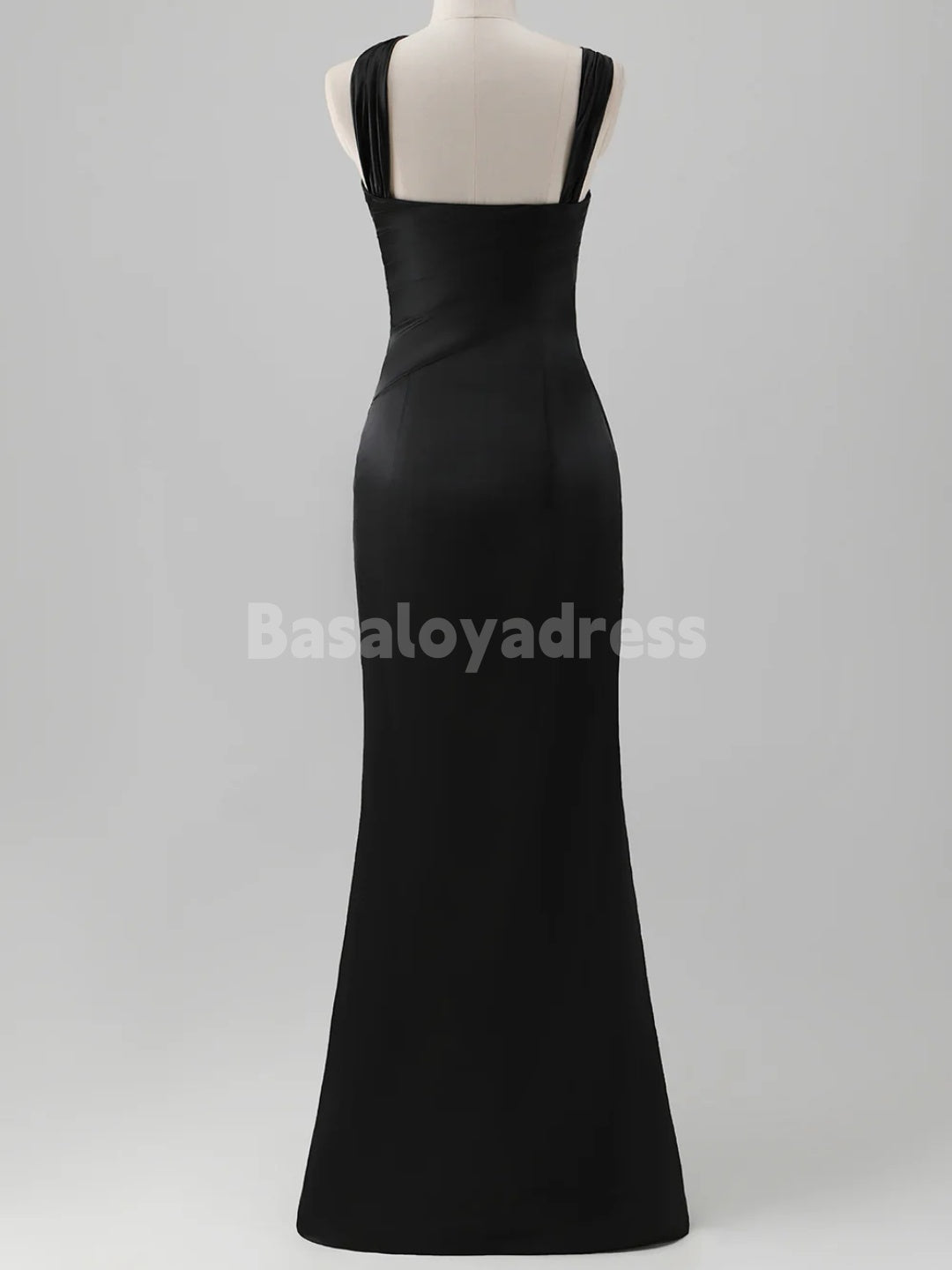 BDES00108 Elegant Sky Blue Ruched Satin Maxi Prom Dress Bridesmaid Dress with Slit