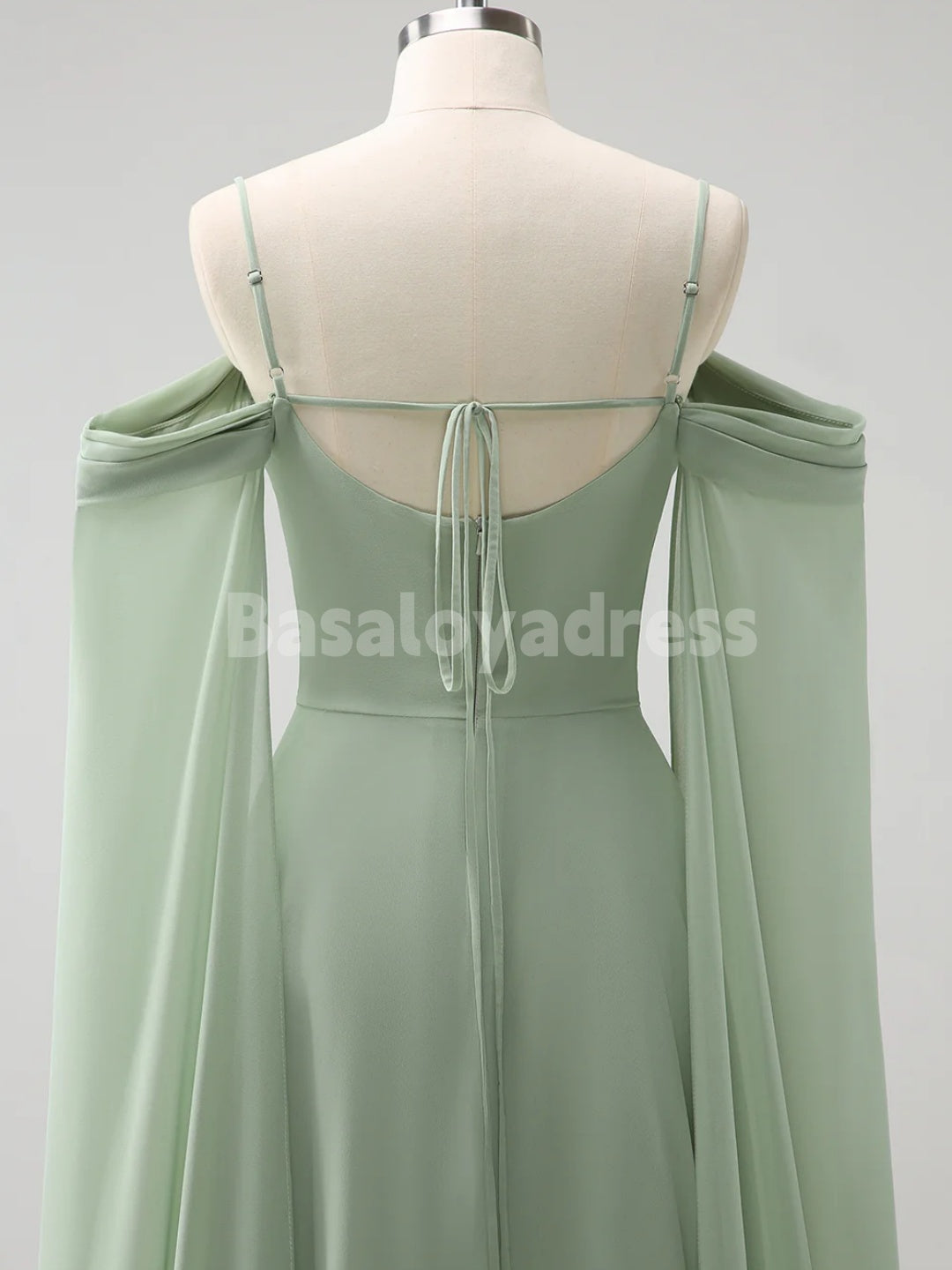 BDES00106 Mint Green Chiffon A-line Bridesmaid Dresses V-neck Spaghetti Straps Evening Gown with Detachable Cape Sleeves