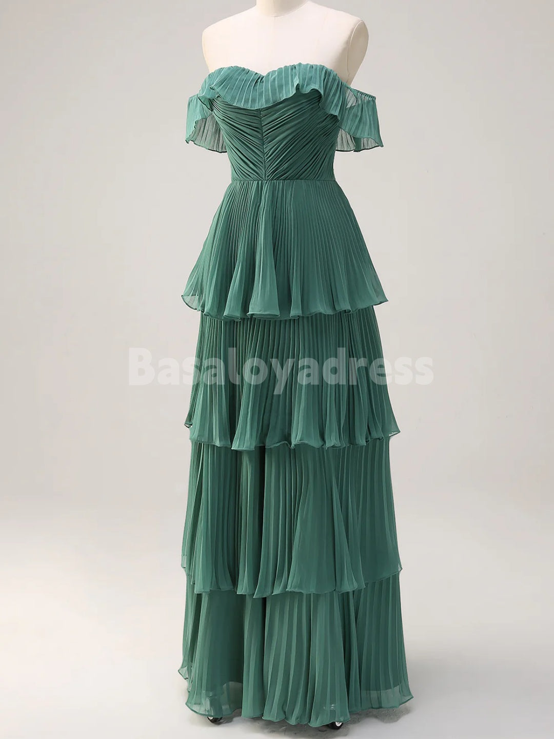 BDES00135 A Line Off the Shoulder Tiered Maxi Prom Dress Pleated Bridesmaid Dress