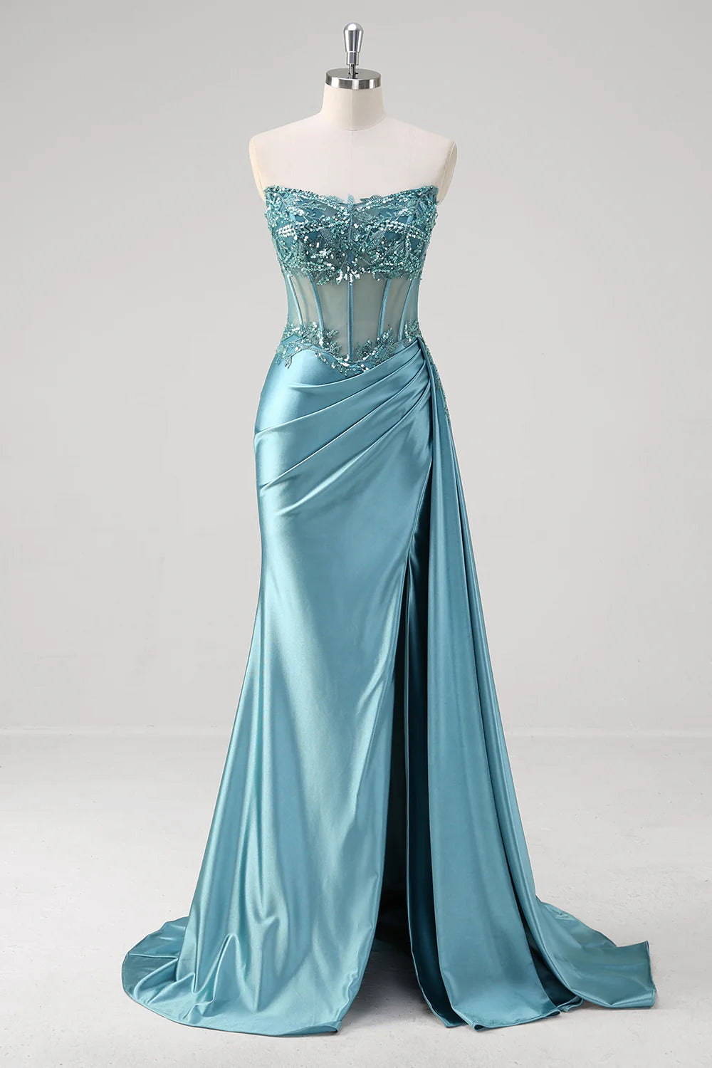 BDES00165 Blue Green Strapless Sequined Lace Applique Mermaid Prom Dress with Split