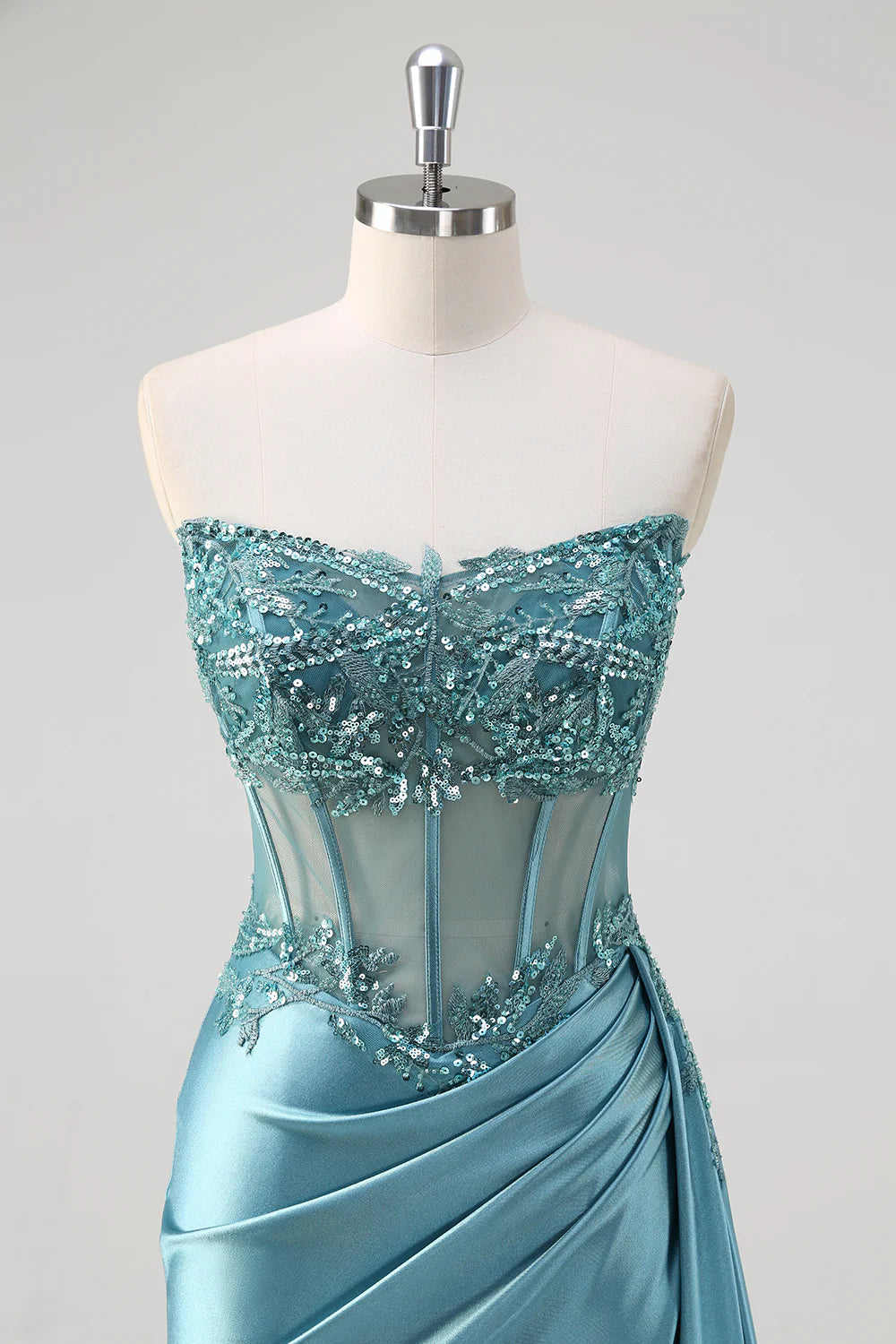 BDES00165 Blue Green Strapless Sequined Lace Applique Mermaid Prom Dress with Split