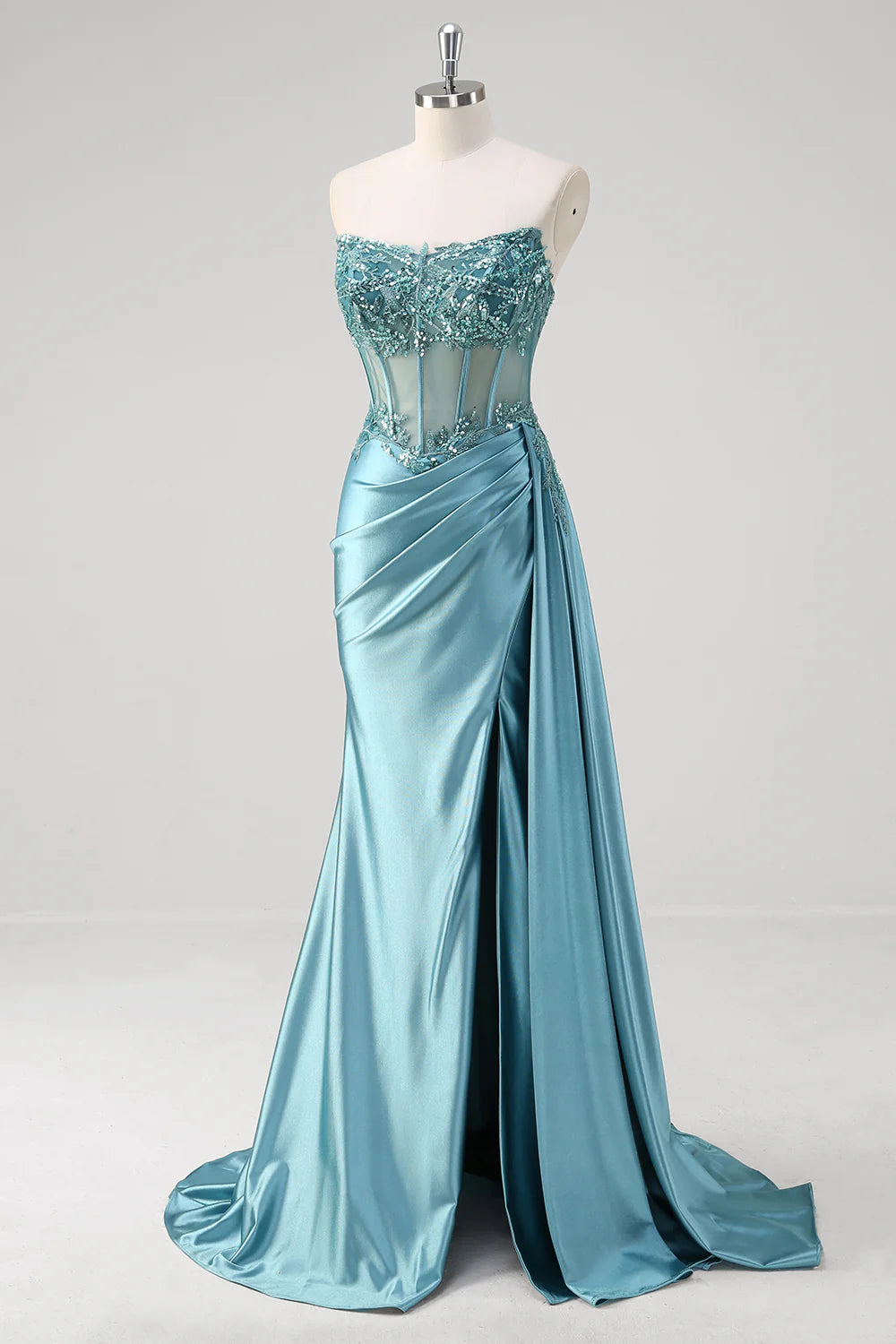 BDES00165 Blue Green Strapless Sequined Lace Applique Mermaid Prom Dress with Split