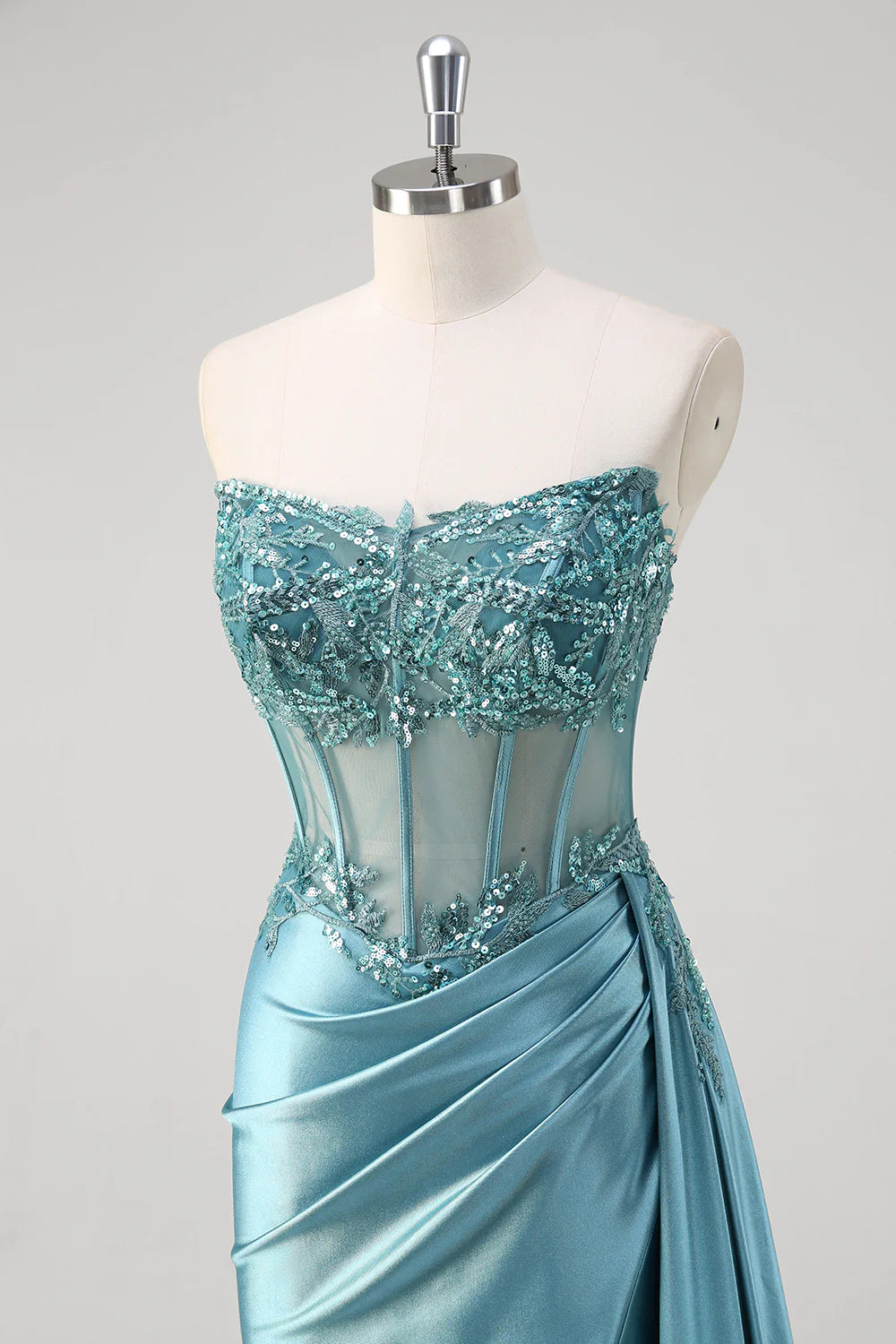 BDES00165 Blue Green Strapless Sequined Lace Applique Mermaid Prom Dress with Split