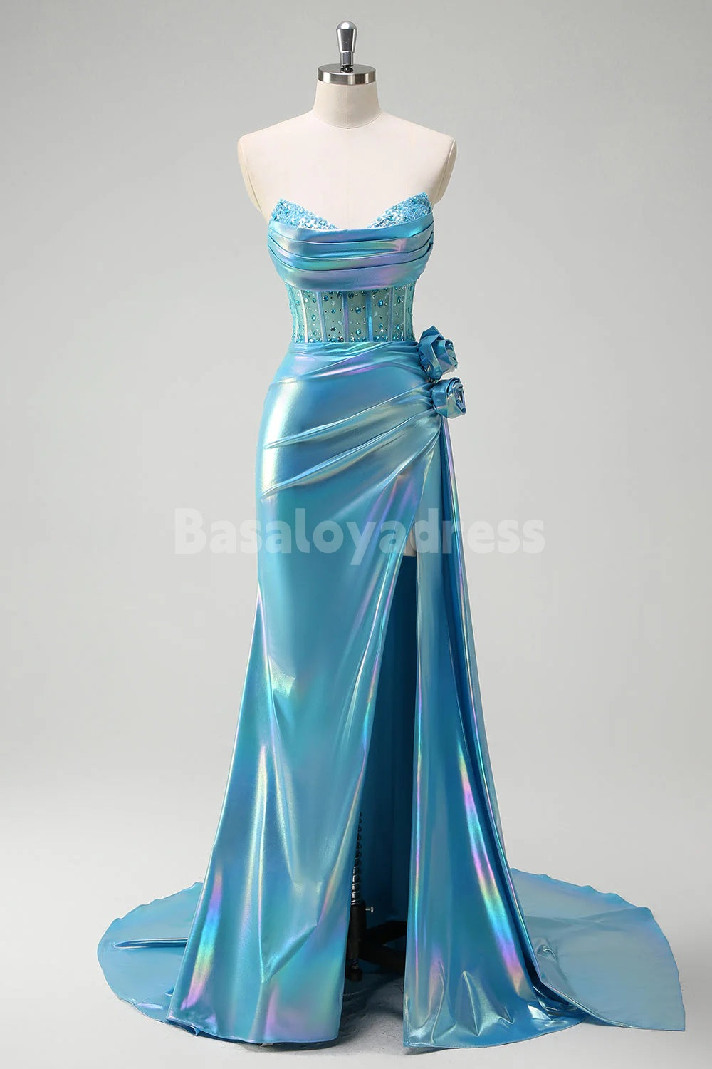 BDES00168 Vibrant Blue Mermaid Prom Dress Strapless 3D  Flowers Beaded Long Dress with Slit