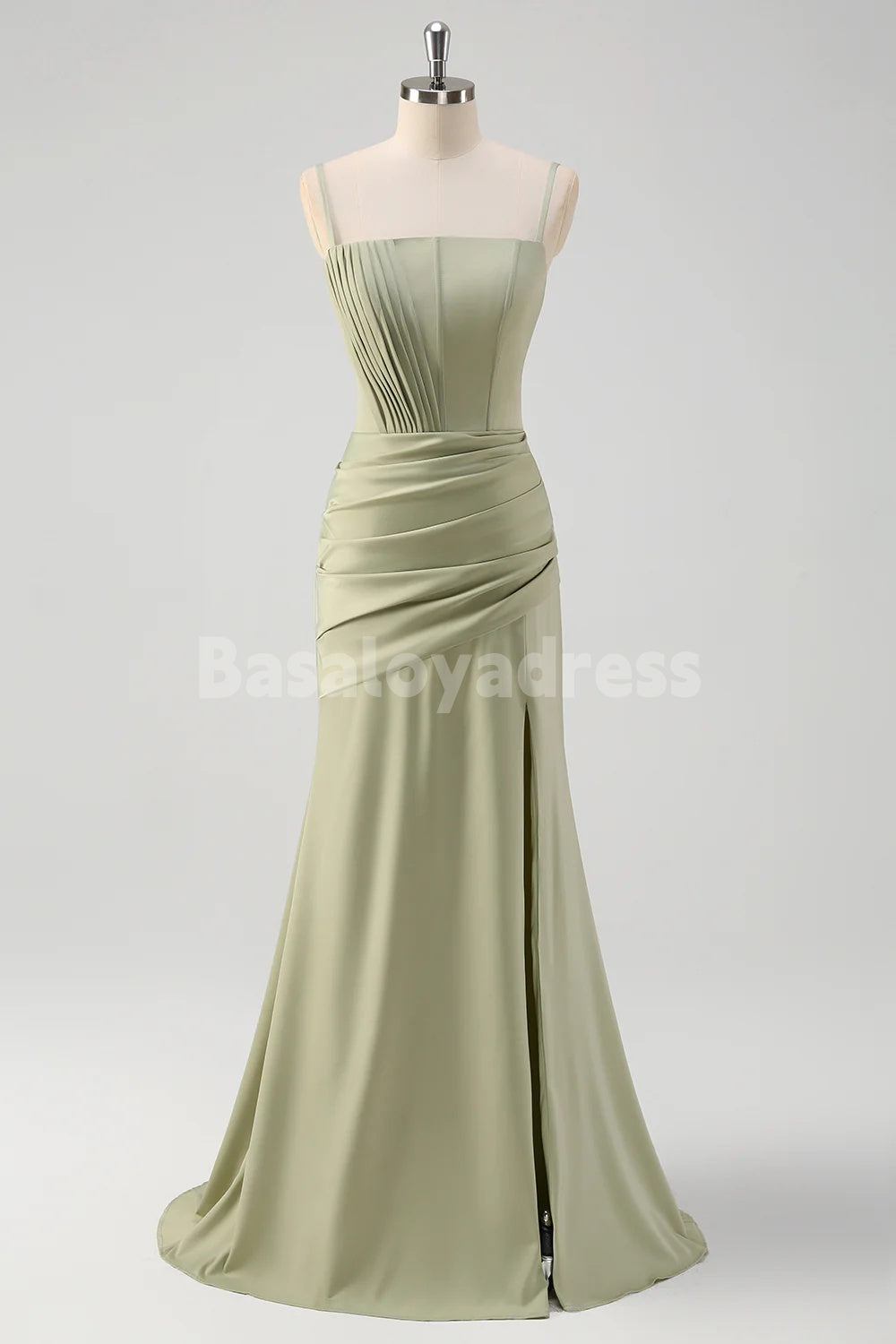 BDES00166 Sage Corset Mermaid Prom Dress Maxi Dress with Pleats and Slit