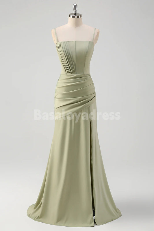BDES00166 Sage Corset Mermaid Prom Dress Maxi Dress with Pleats and Slit