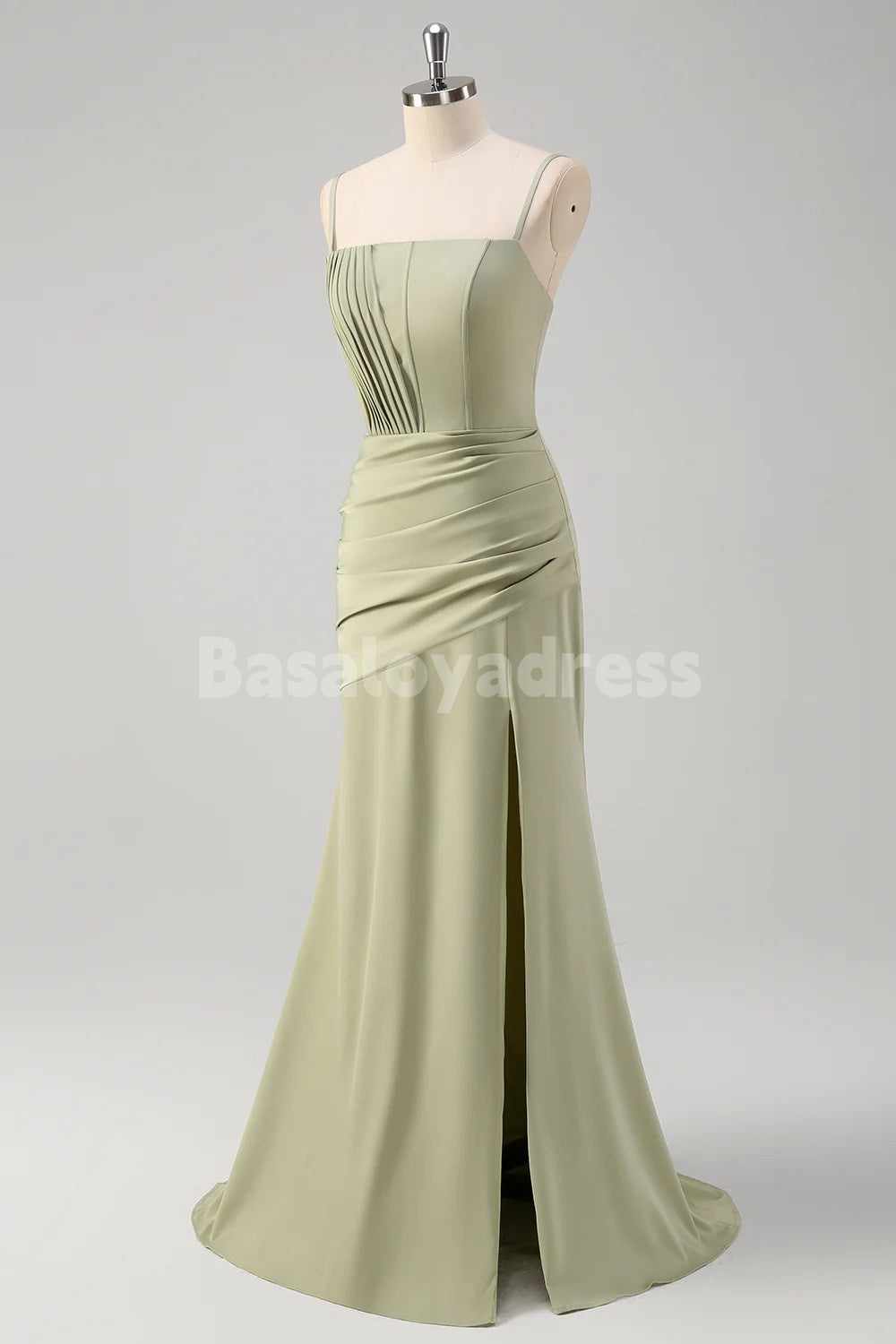 BDES00166 Sage Corset Mermaid Prom Dress Maxi Dress with Pleats and Slit