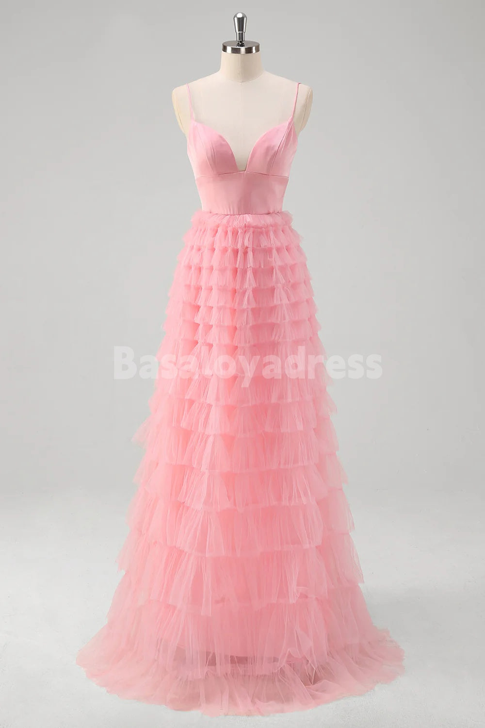 BDES00164 A Line Spaghetti Straps Tulle Tiered Long Prom Dress Pink Bridesmaid Dress