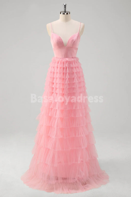 BDES00164 A Line Spaghetti Straps Tulle Tiered Long Prom Dress Pink Bridesmaid Dress