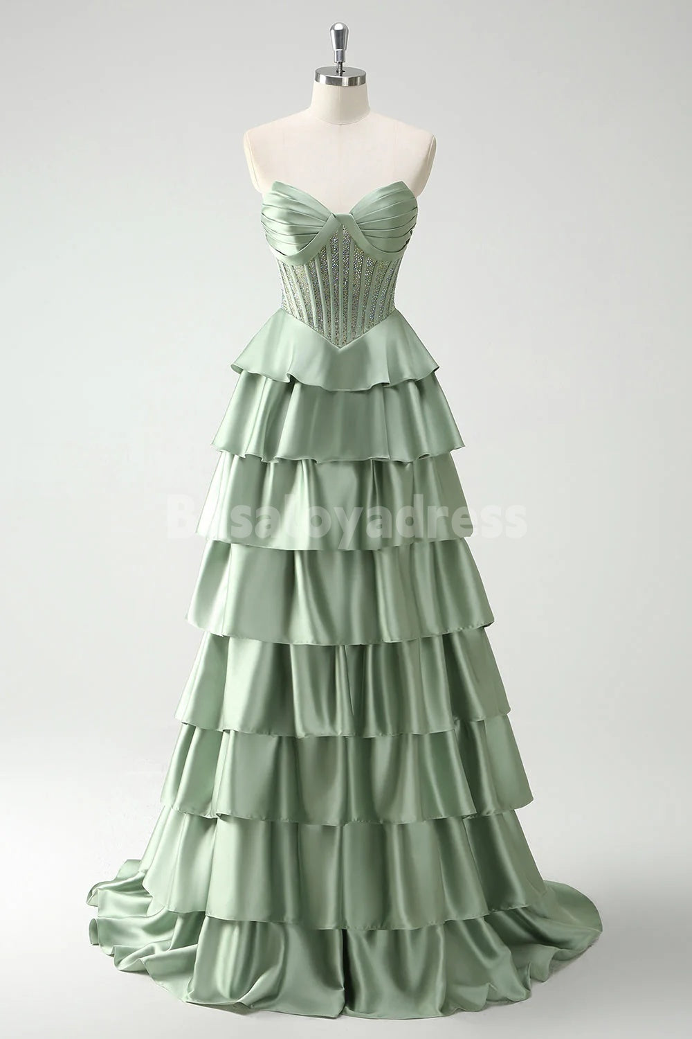BDES00169 Sparkle Green Sweetheart Satin Tiered Corset Strapless Long Prom Dress