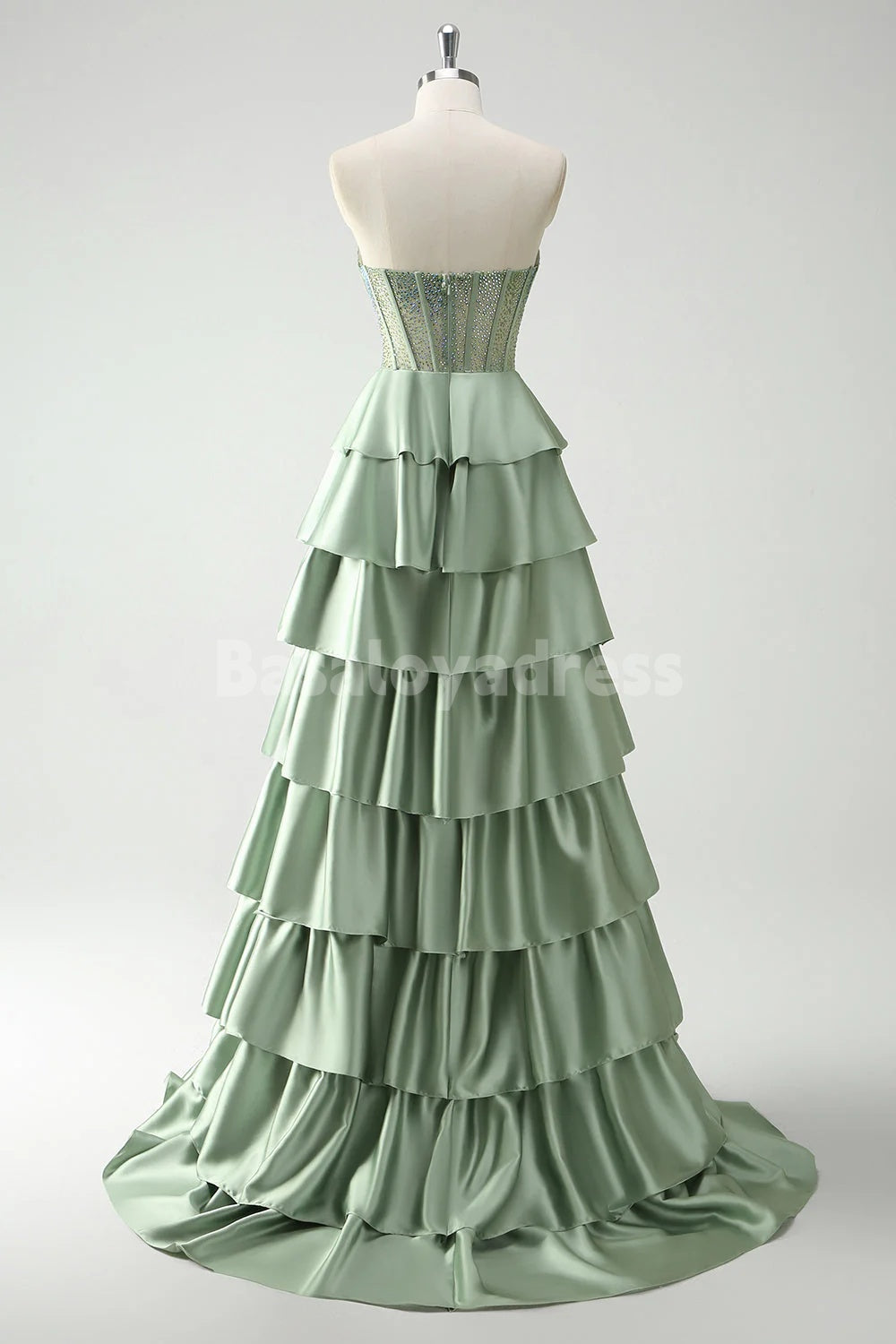 BDES00169 Sparkle Green Sweetheart Satin Tiered Corset Strapless Long Prom Dress