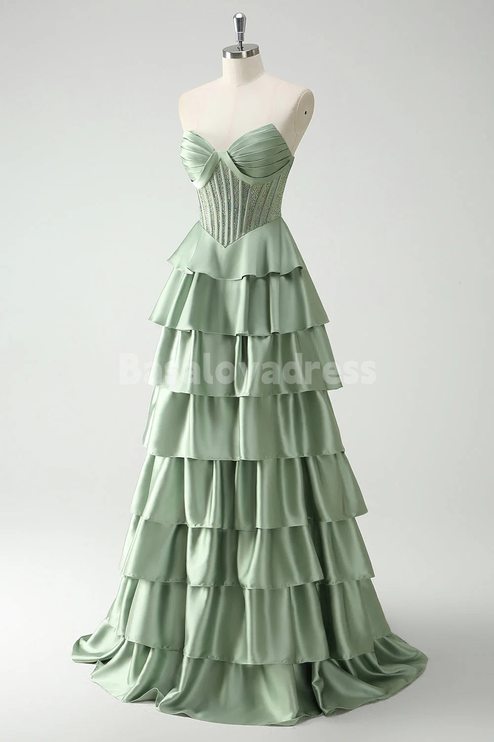 BDES00169 Sparkle Green Sweetheart Satin Tiered Corset Strapless Long Prom Dress
