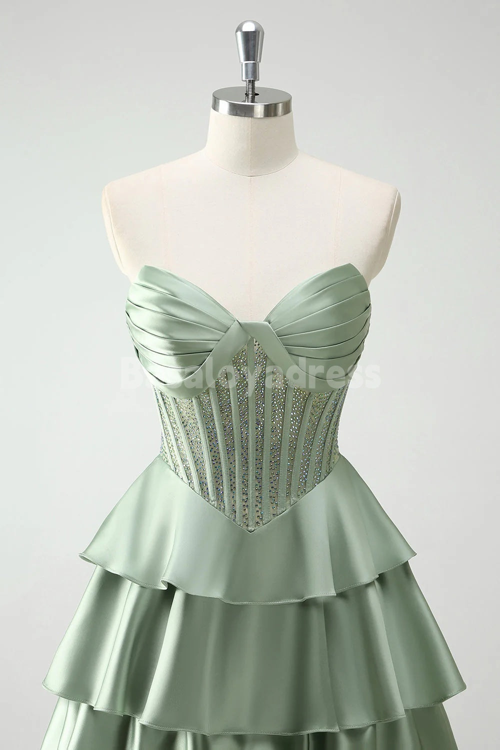 BDES00169 Sparkle Green Sweetheart Satin Tiered Corset Strapless Long Prom Dress