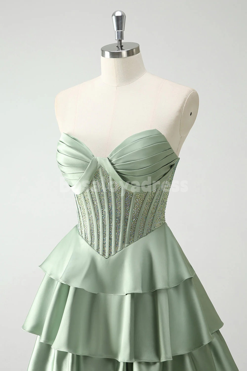 BDES00169 Sparkle Green Sweetheart Satin Tiered Corset Strapless Long Prom Dress