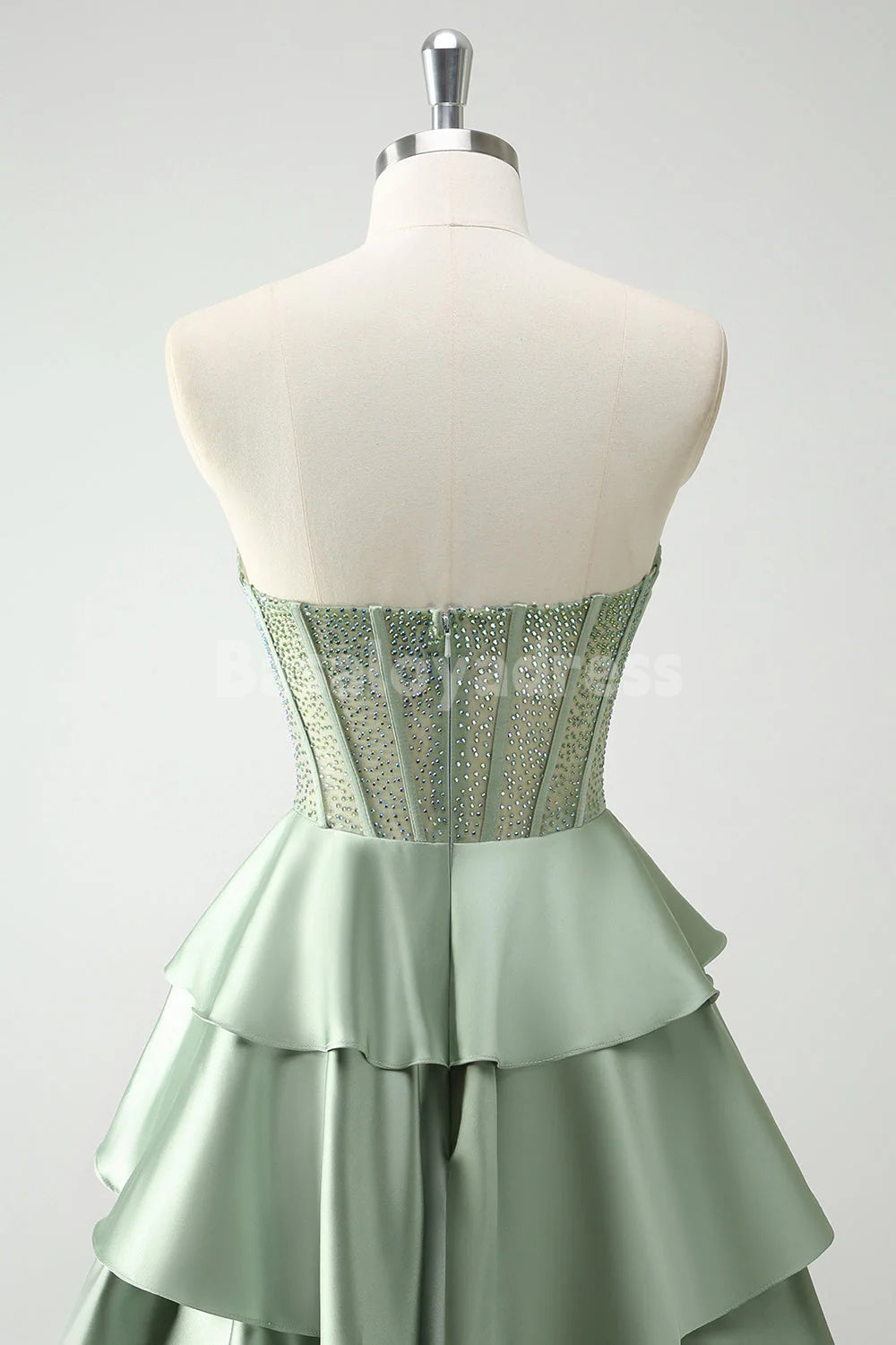 BDES00169 Sparkle Green Sweetheart Satin Tiered Corset Strapless Long Prom Dress