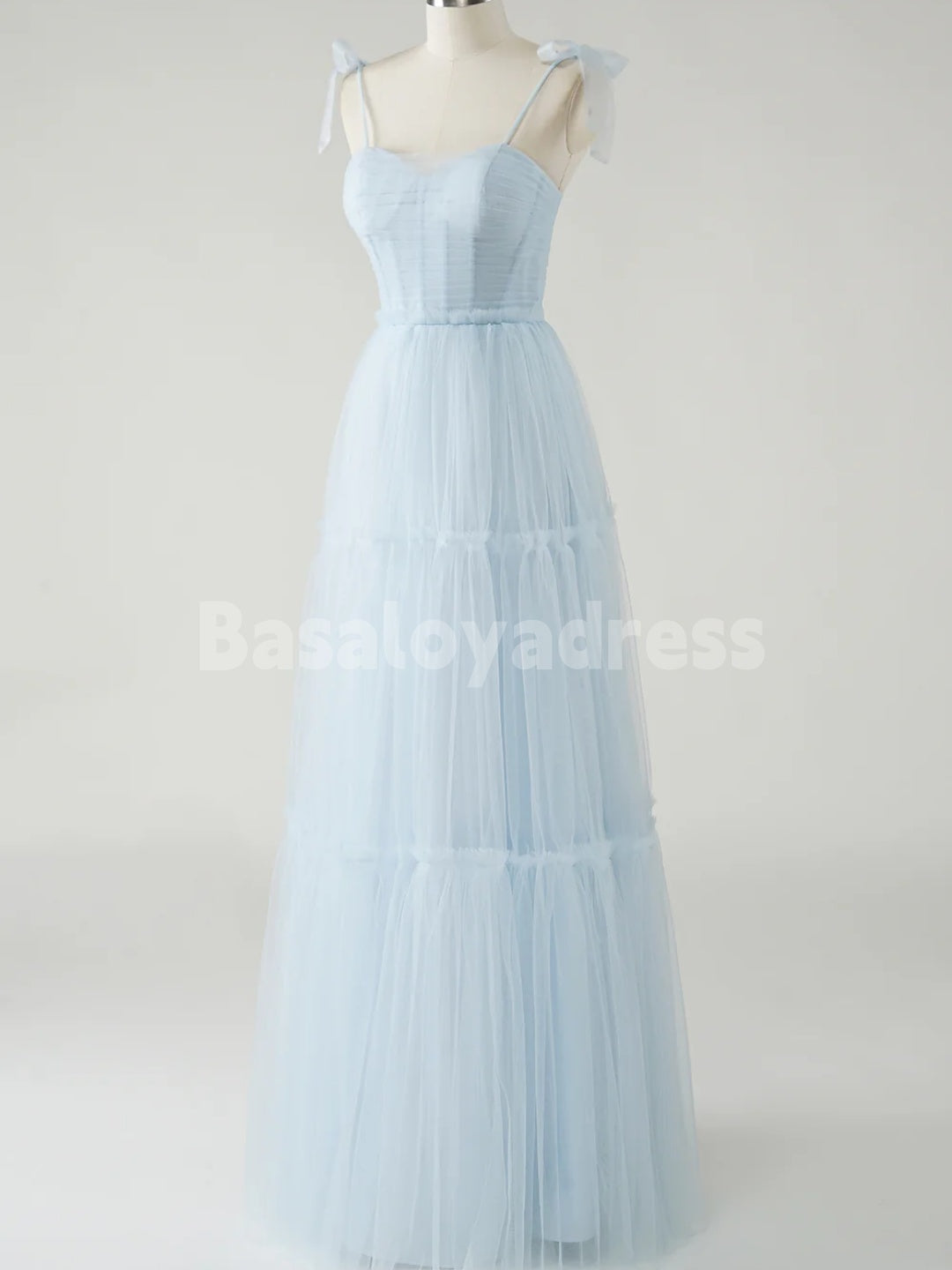 BDES00134 Sky Blue A-Line Bow Tie Straps Tulle Prom Dress Sleeveless Bridesmaid Dresses