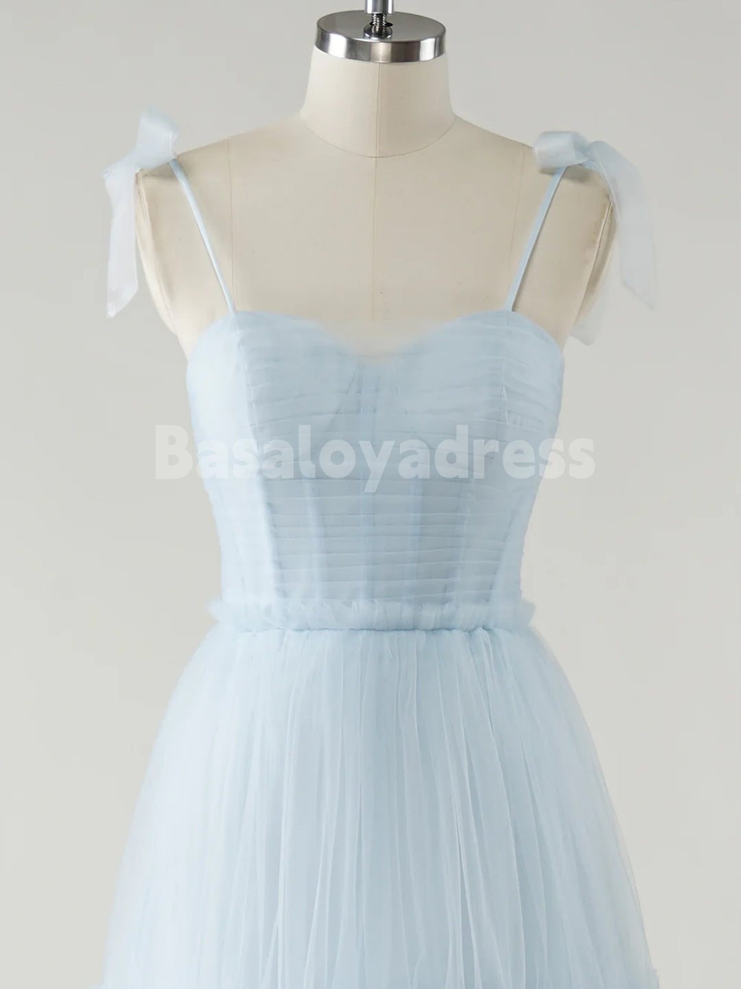 BDES00134 Sky Blue A-Line Bow Tie Straps Tulle Prom Dress Sleeveless Bridesmaid Dresses