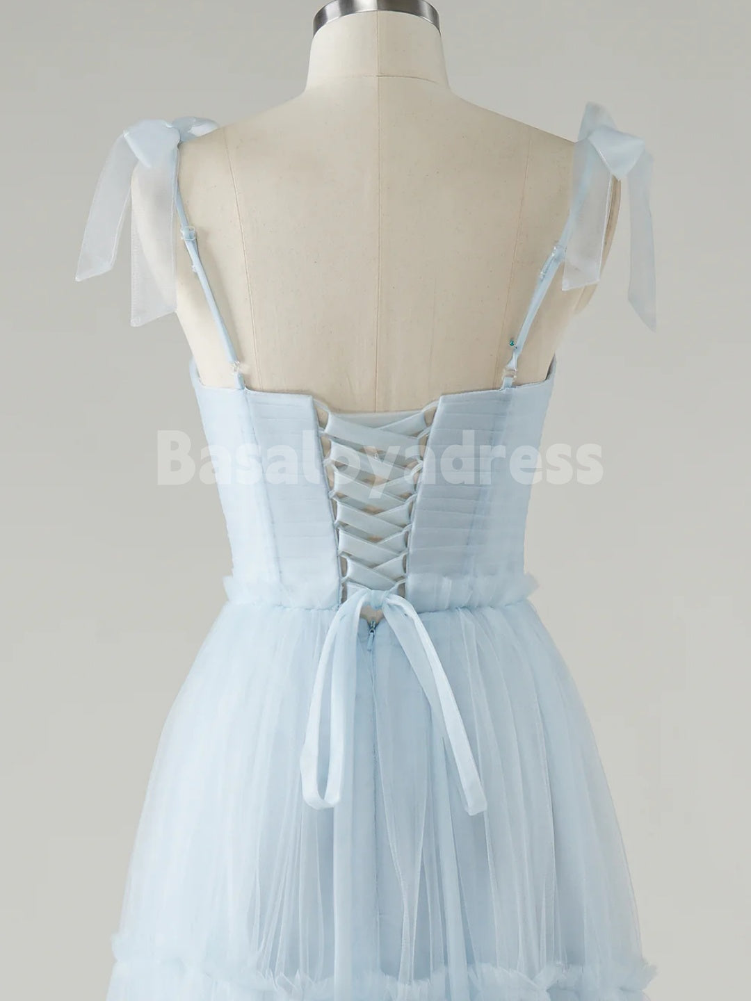 BDES00134 Sky Blue A-Line Bow Tie Straps Tulle Prom Dress Sleeveless Bridesmaid Dresses