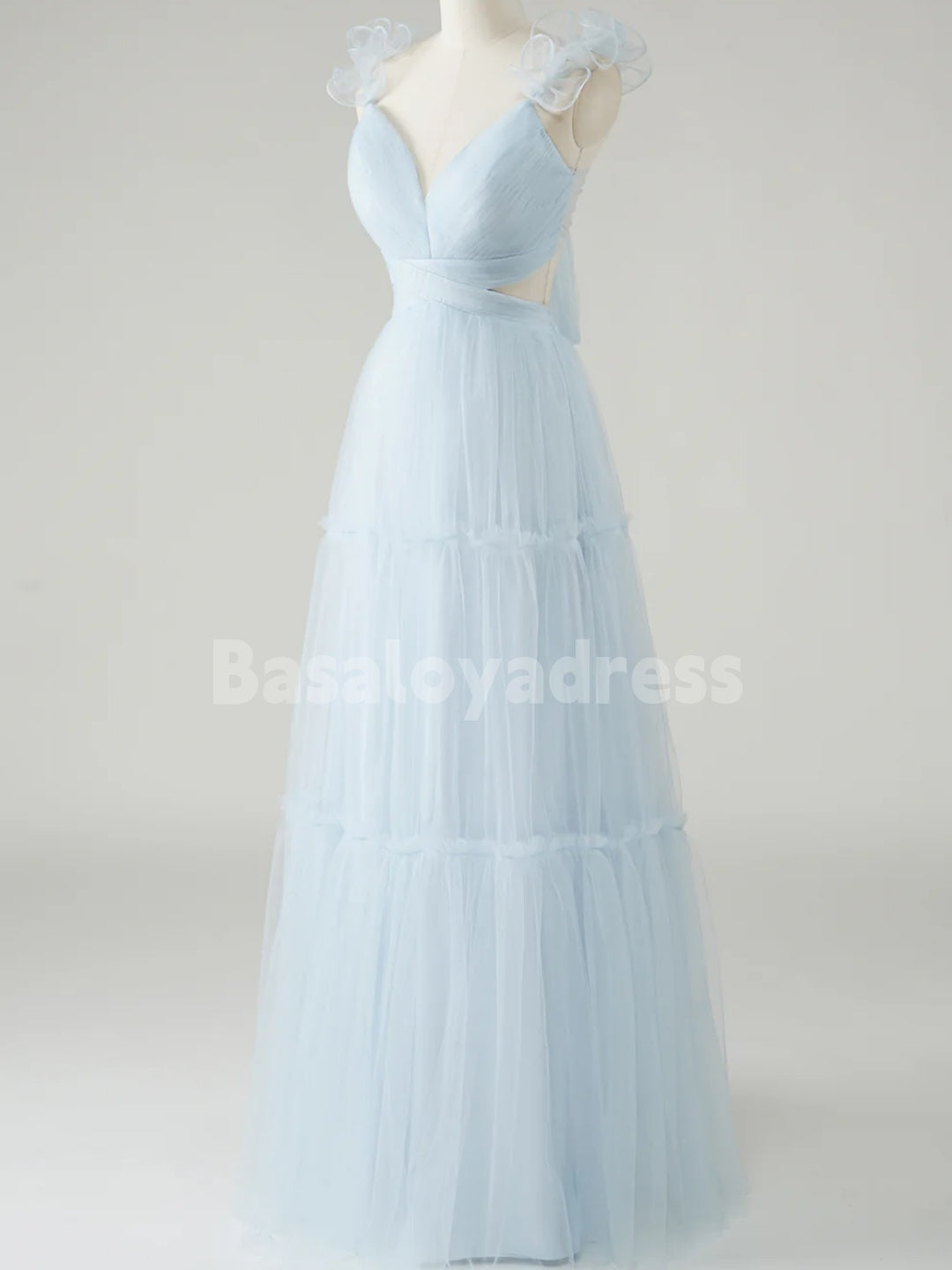 BDES00133 Sky Blue A-Line Ruffles Straps Tulle Prom Dress V-Neck Sleeveless Bridesmaid Dresses