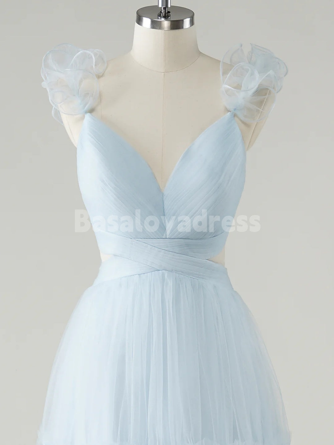 BDES00133 Sky Blue A-Line Ruffles Straps Tulle Prom Dress V-Neck Sleeveless Bridesmaid Dresses