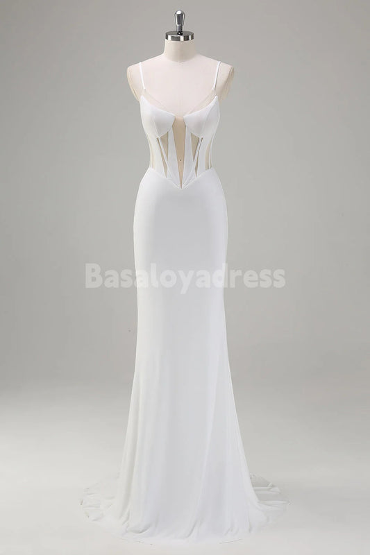 BDES00176 Custom White Mermaid Spaghetti Straps Corset Long Prom Dress Evening Dress
