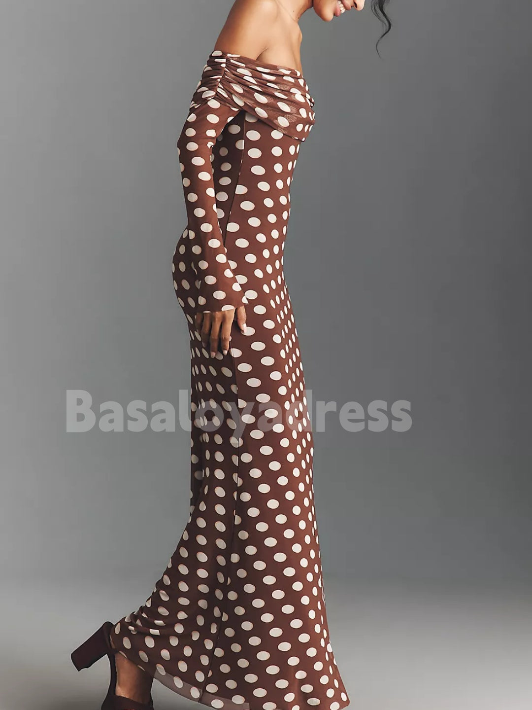 BDES00122 Polla Dot Long Sleeve Off-The-Shoulder Maxi Dress with Pleats