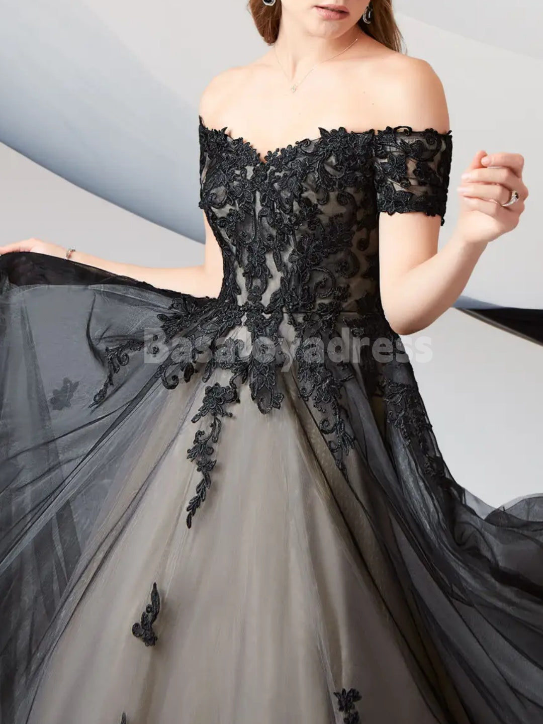 BWD00051 Black Champagne Off the Shoulder Tulle Ball Gown Gothic A-Line Sweetheart Wedding Dress