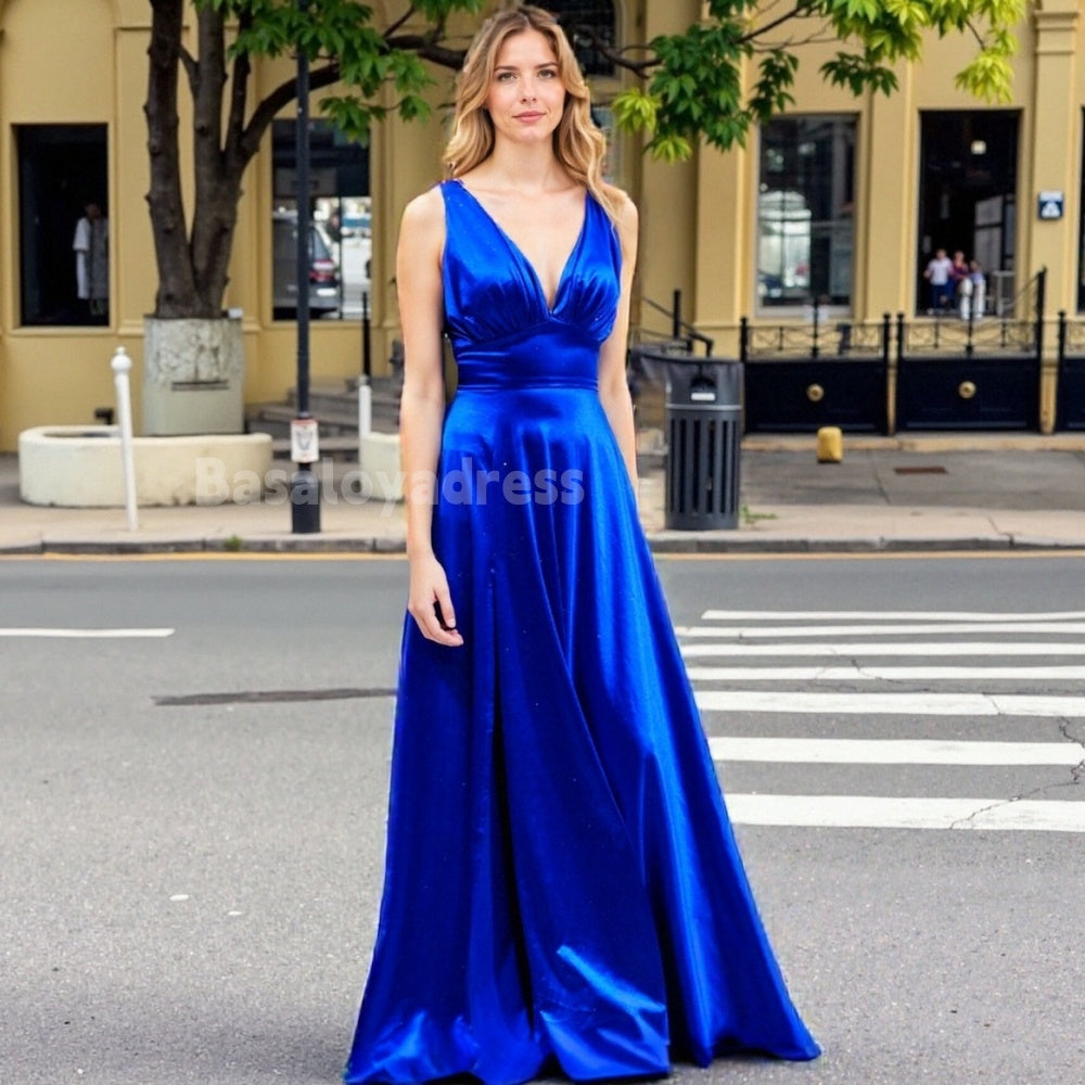BDES00005 Blue High Split Evening Dress for Women Deep V Sleeveless Maxi Dress Mom of the Bride Dresses