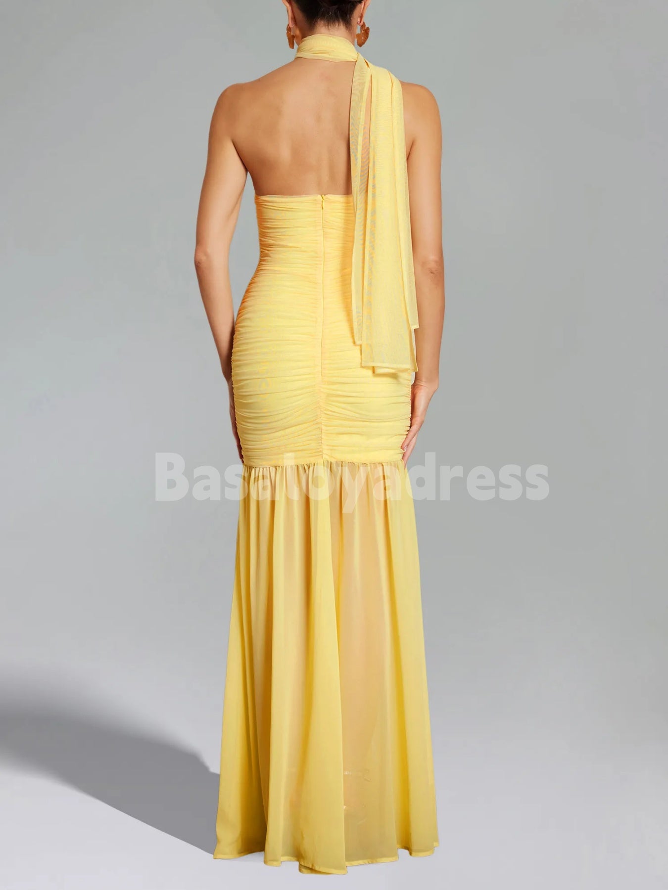 BDES00087 Sleeveless Pleated Maxi Dress Sexy Mesh Hanging Neck Slit Seaside Party Long Dress Romantic Honeymoon Vacation Wedding Prom Gown
