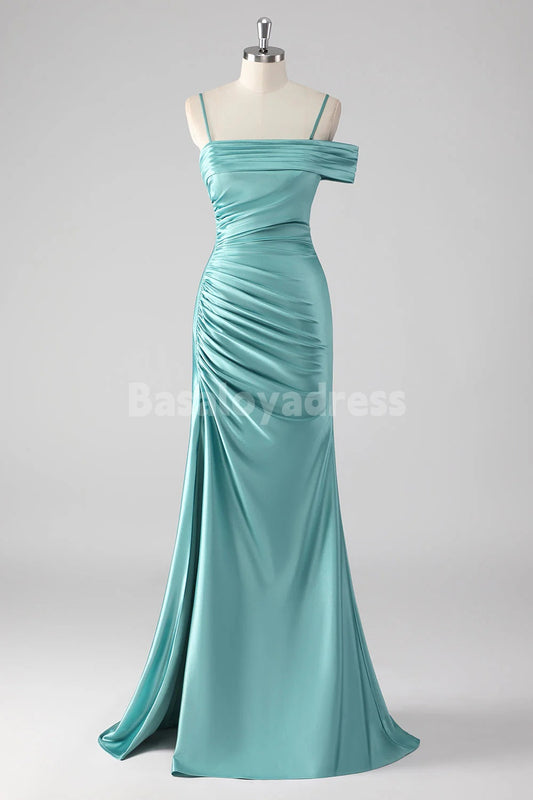 BDES00175 Blue Green Sheath Pleated One Shoulder Spaghetti Straps Long Prom Dress