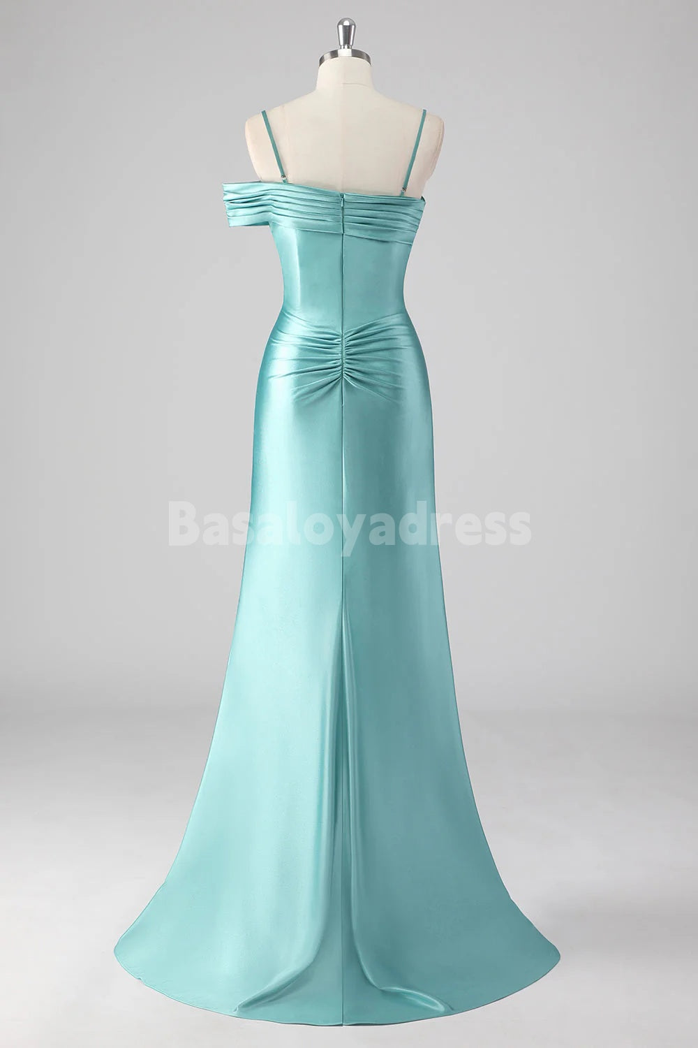 BDES00175 Blue Green Sheath Pleated One Shoulder Spaghetti Straps Long Prom Dress