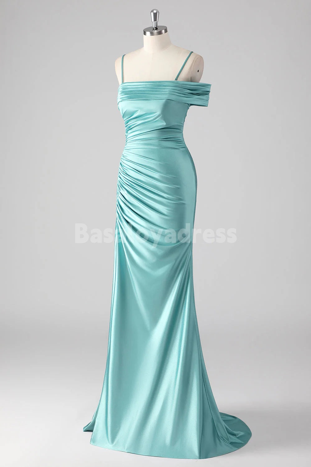 BDES00175 Blue Green Sheath Pleated One Shoulder Spaghetti Straps Long Prom Dress