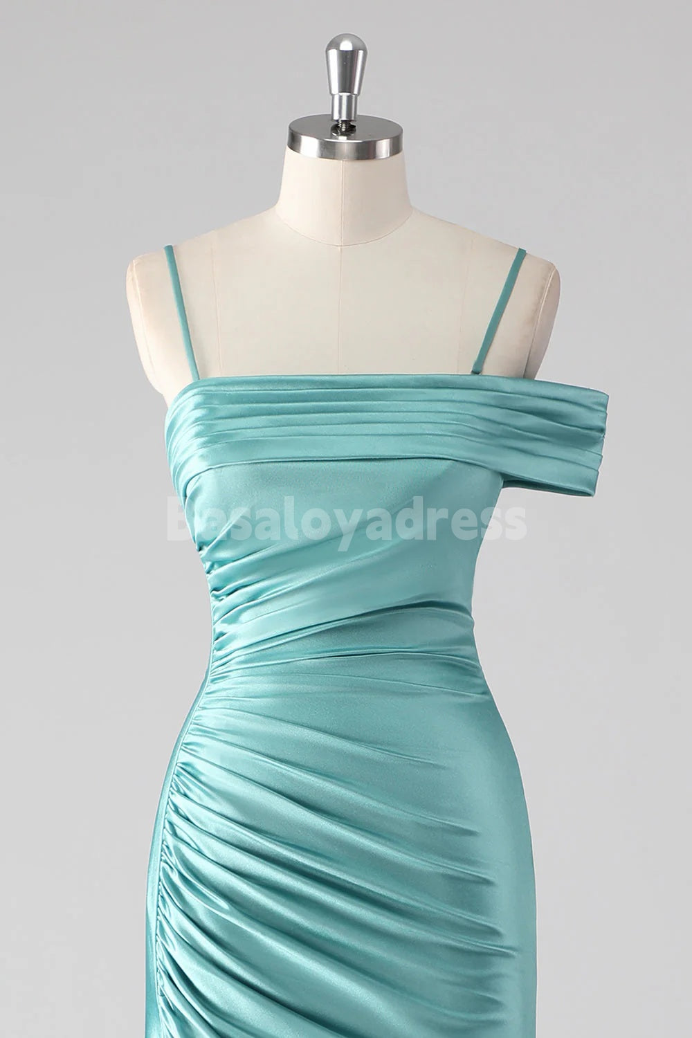 BDES00175 Blue Green Sheath Pleated One Shoulder Spaghetti Straps Long Prom Dress